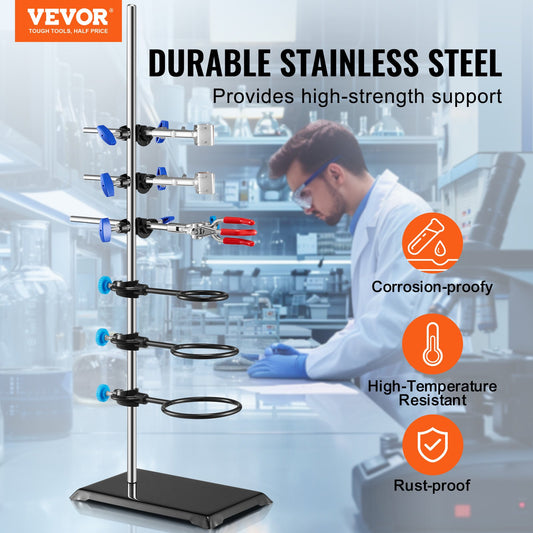 Durable Laboratory Retort Stand Set with Adjustable Clamps, 23.6" Steel Rod, 8.3"x5.3" Cast Iron Base, Flask & Burette Clamps Included