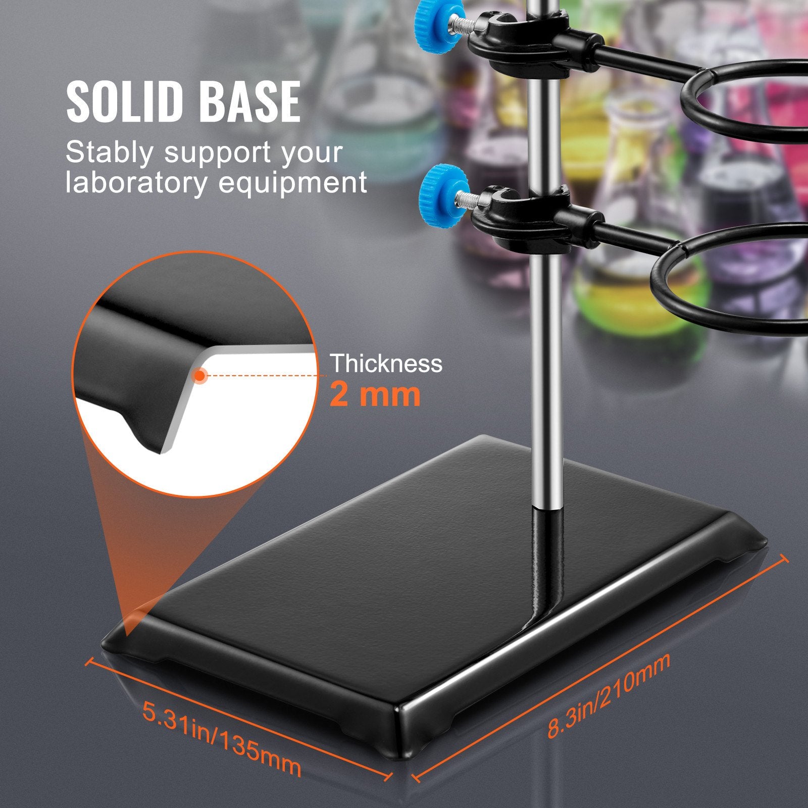 Durable Laboratory Retort Stand Set with Adjustable Clamps, 23.6" Steel Rod, 8.3"x5.3" Cast Iron Base, Flask & Burette Clamps Included
