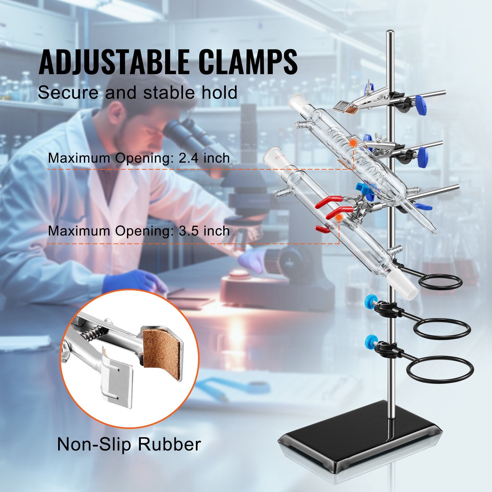 Durable Laboratory Retort Stand Set with Adjustable Clamps, 23.6" Steel Rod, 8.3"x5.3" Cast Iron Base, Flask & Burette Clamps Included