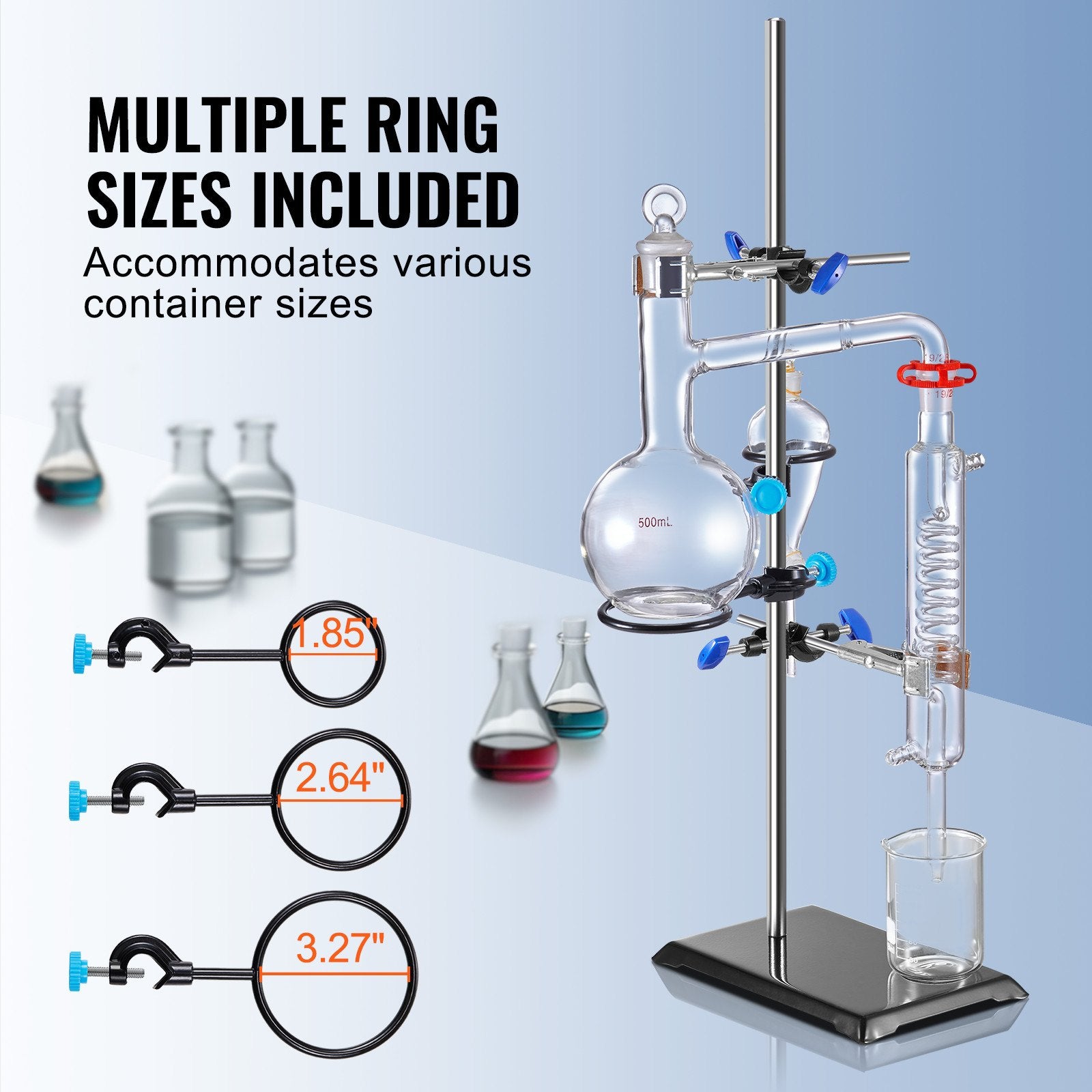 Durable Laboratory Retort Stand Set with Adjustable Clamps, 23.6" Steel Rod, 8.3"x5.3" Cast Iron Base, Flask & Burette Clamps Included