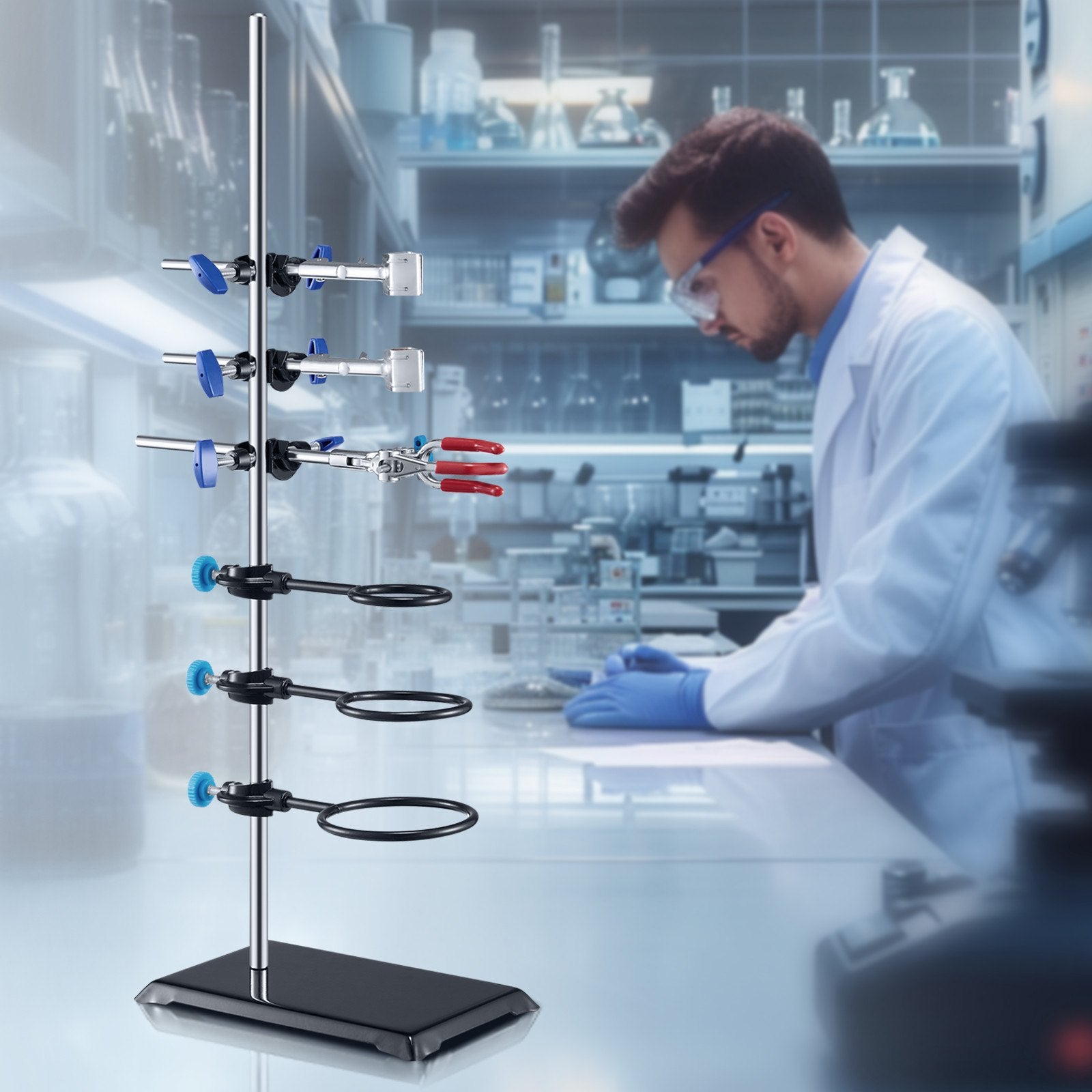 Durable Laboratory Retort Stand Set with Adjustable Clamps, 23.6" Steel Rod, 8.3"x5.3" Cast Iron Base, Flask & Burette Clamps Included