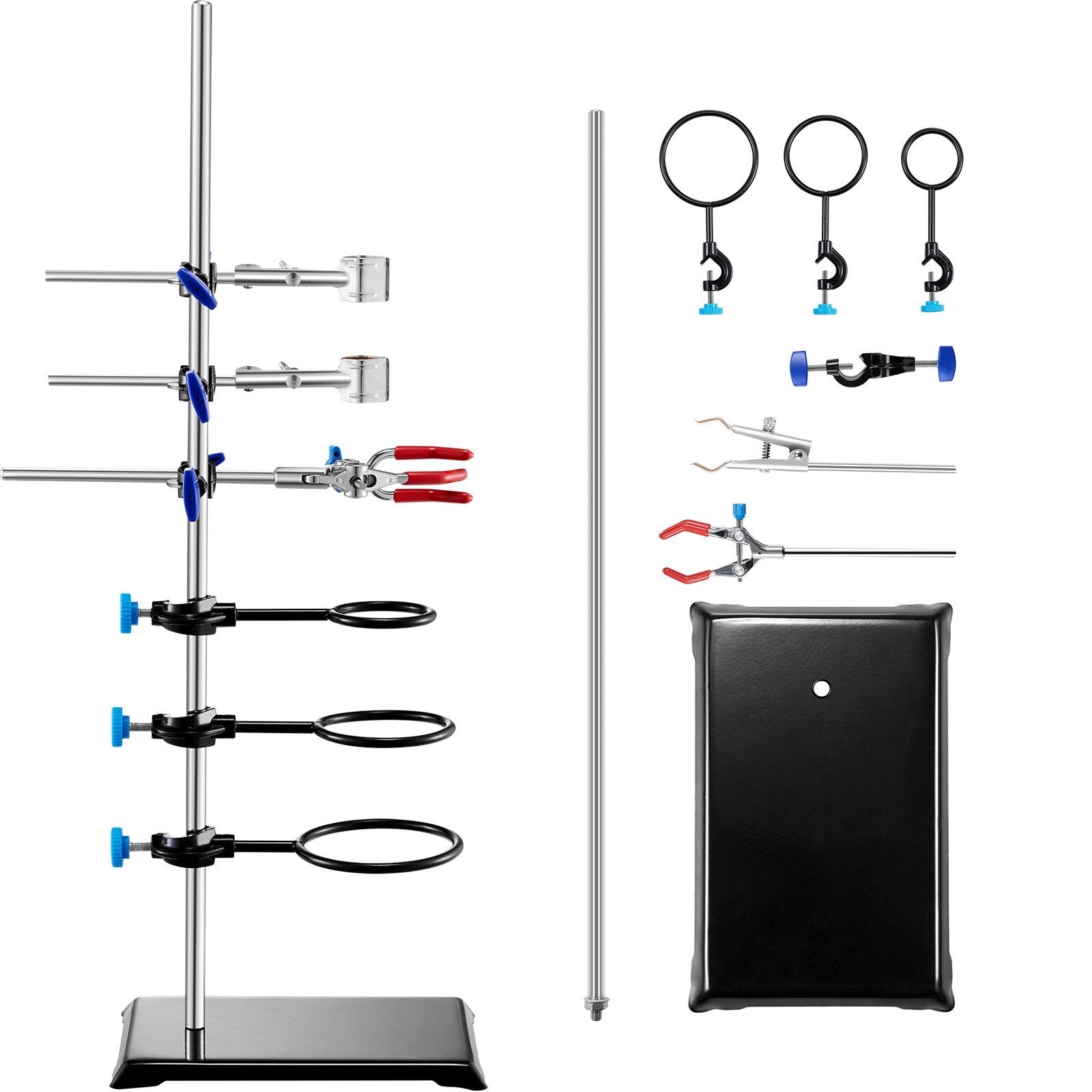 Durable Laboratory Retort Stand Set with Adjustable Clamps, 23.6" Steel Rod, 8.3"x5.3" Cast Iron Base, Flask & Burette Clamps Included