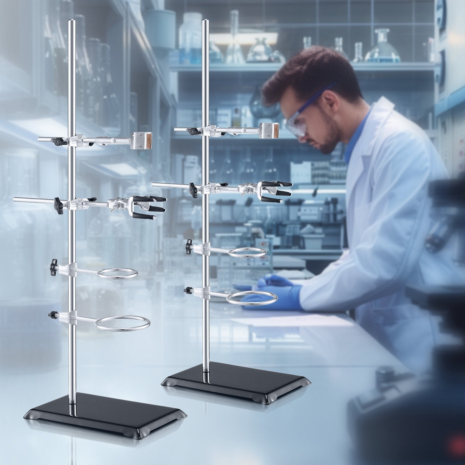 Dual Set Lab Stand Support with Adjustable Clamps - Sturdy 23.6" Rod, 8.3" x 5.3" Cast Iron Base, Includes Flask, Burette, and Cross Clamps for Versatile Laboratory Use