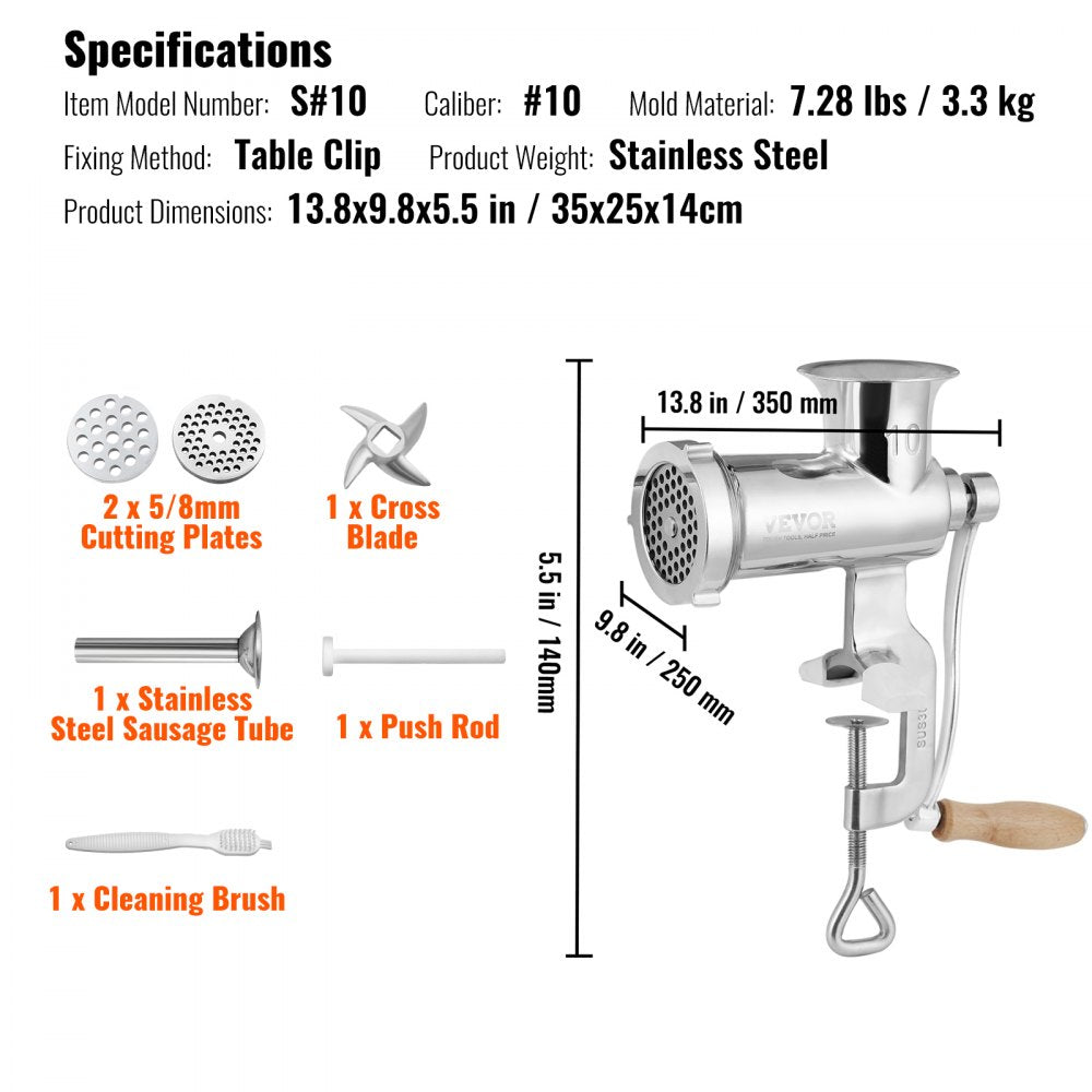 VEVOR Meat Grinders, All Parts Stainless Steel, Hand Operated Meat Grinding Machine with Tabletop Clamp, 2 Grinding Plates & Sausage Stuffer, Ideal for Home Kitchen Restaurant Butcher’s Shop