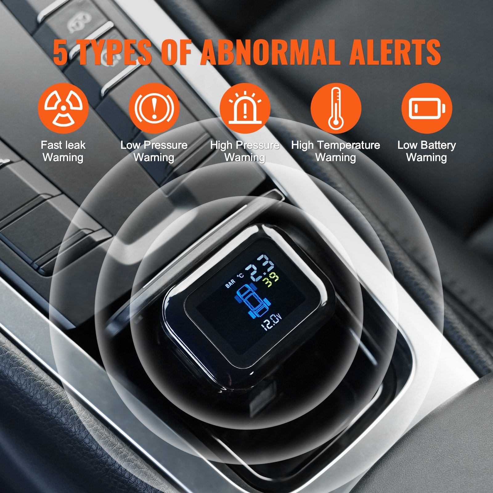 Universal RV Tire Pressure Monitoring System, 4 Waterproof Sensors, 5 Alarm Modes, Real-Time Display, Easy Install for 7.3-87 PSI Trailers, Wireless Car Alarm, Durable TPMS