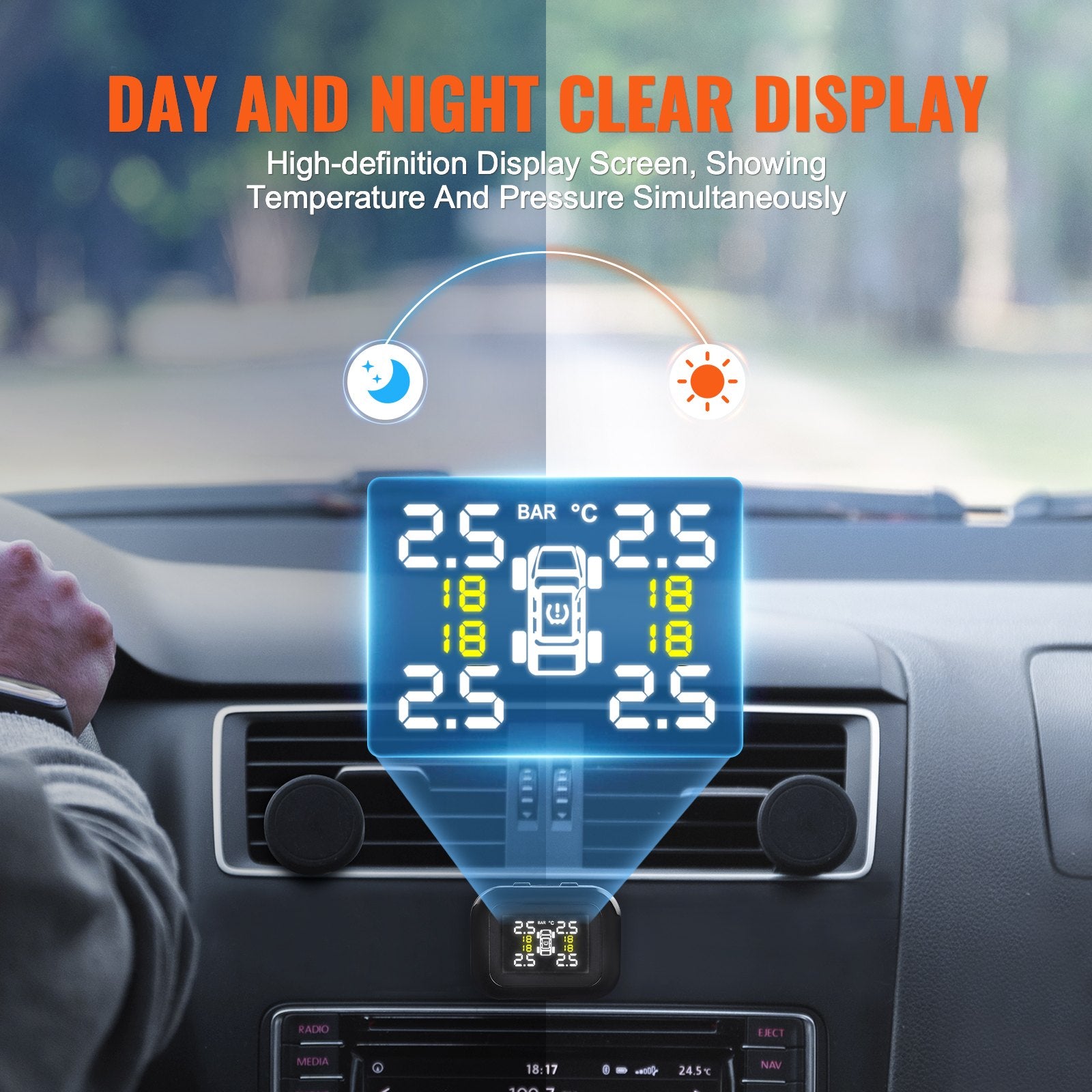 Universal RV Tire Pressure Monitoring System, 4 Waterproof Sensors, 5 Alarm Modes, Real-Time Display, Easy Install for 7.3-87 PSI Trailers, Wireless Car Alarm, Durable TPMS