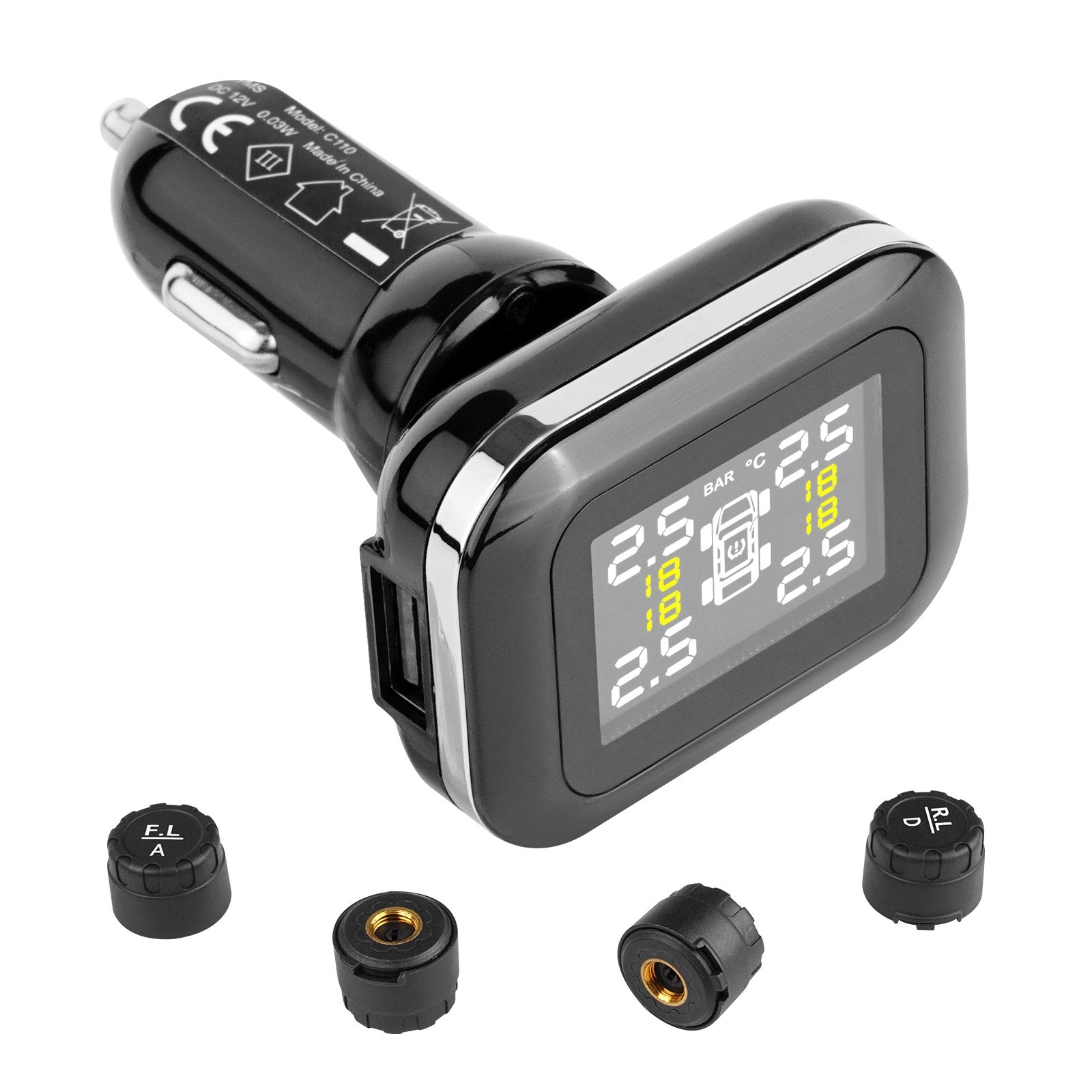 Universal RV Tire Pressure Monitoring System, 4 Waterproof Sensors, 5 Alarm Modes, Real-Time Display, Easy Install for 7.3-87 PSI Trailers, Wireless Car Alarm, Durable TPMS