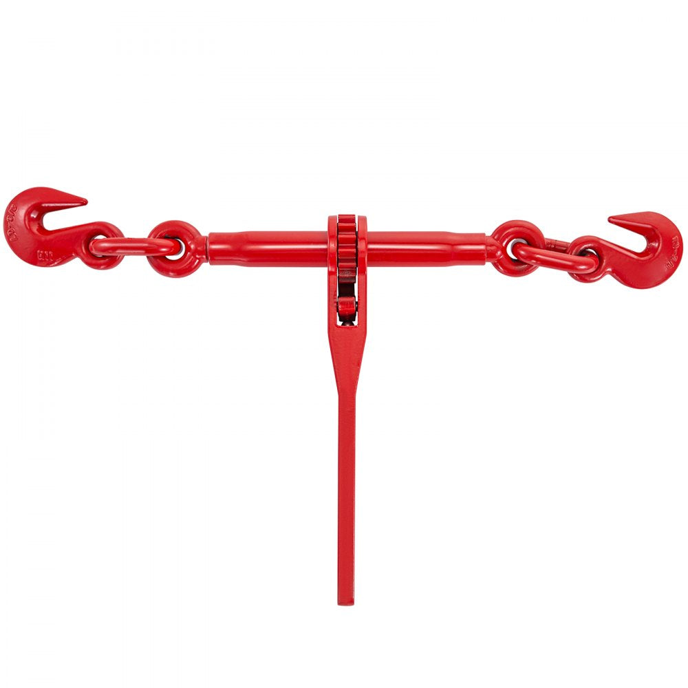 Heavy Duty Ratchet Chain Binder with Adjustable Length and G70 Hooks, 3/8in-1/2in Capacity for Secure Tie Down, Hauling, and Towing, Red, Set of 2