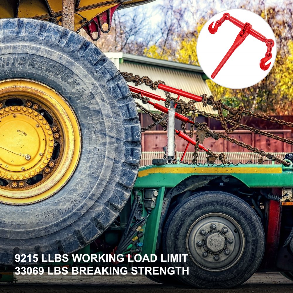 Heavy Duty Ratchet Chain Binder with Adjustable Length and G70 Hooks, 3/8in-1/2in Capacity for Secure Tie Down, Hauling, and Towing, Red, Set of 2