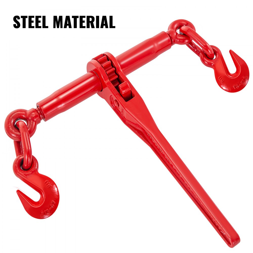 Heavy Duty Ratchet Chain Binder with Adjustable Length and G70 Hooks, 3/8in-1/2in Capacity for Secure Tie Down, Hauling, and Towing, Red, Set of 2