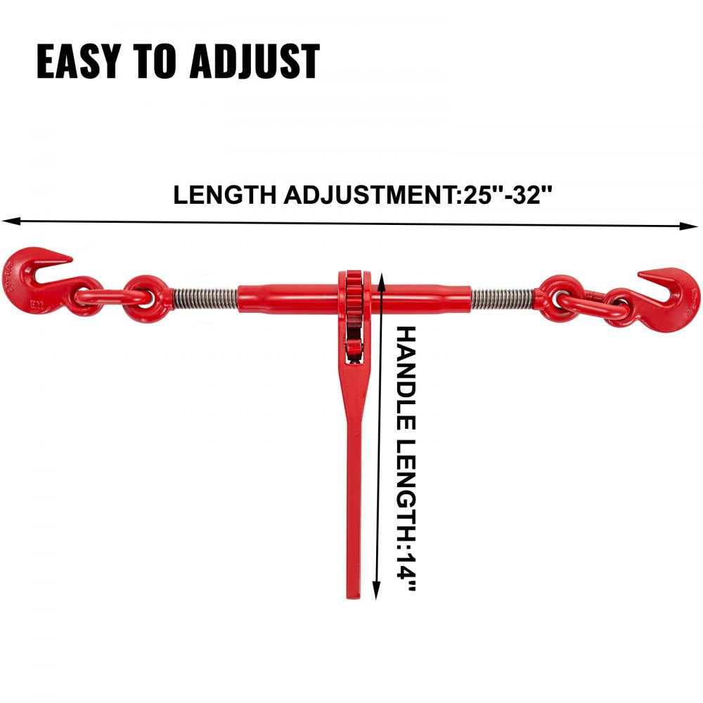Heavy Duty Ratchet Chain Binder with Adjustable Length and G70 Hooks, 3/8in-1/2in Capacity for Secure Tie Down, Hauling, and Towing, Red, Set of 2