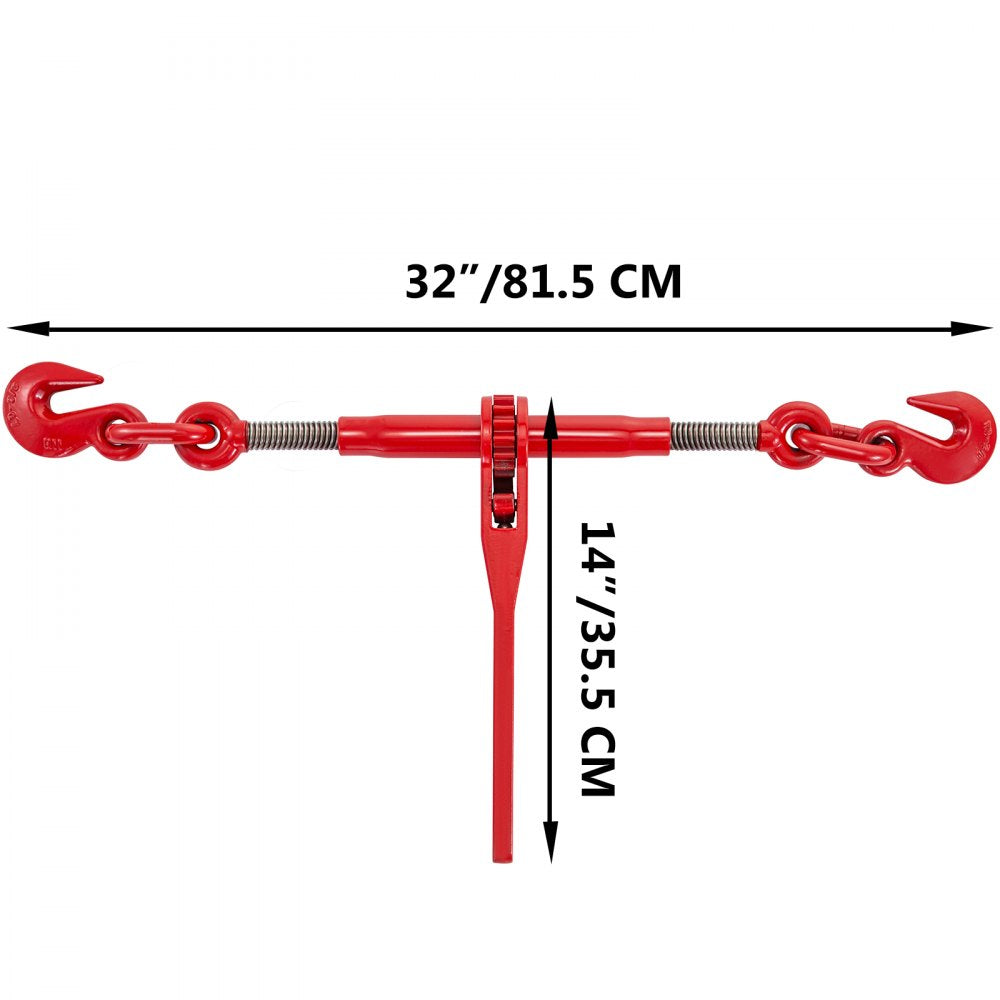 Heavy Duty Ratchet Chain Binder with Adjustable Length and G70 Hooks, 3/8in-1/2in Capacity for Secure Tie Down, Hauling, and Towing, Red, Set of 2