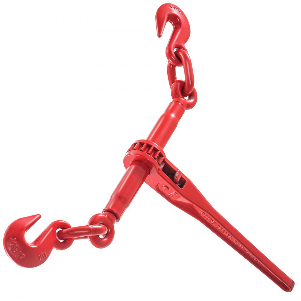 Heavy Duty Ratchet Chain Binder with Adjustable Length and G70 Hooks, 3/8in-1/2in Capacity for Secure Tie Down, Hauling, and Towing, Red, Set of 2
