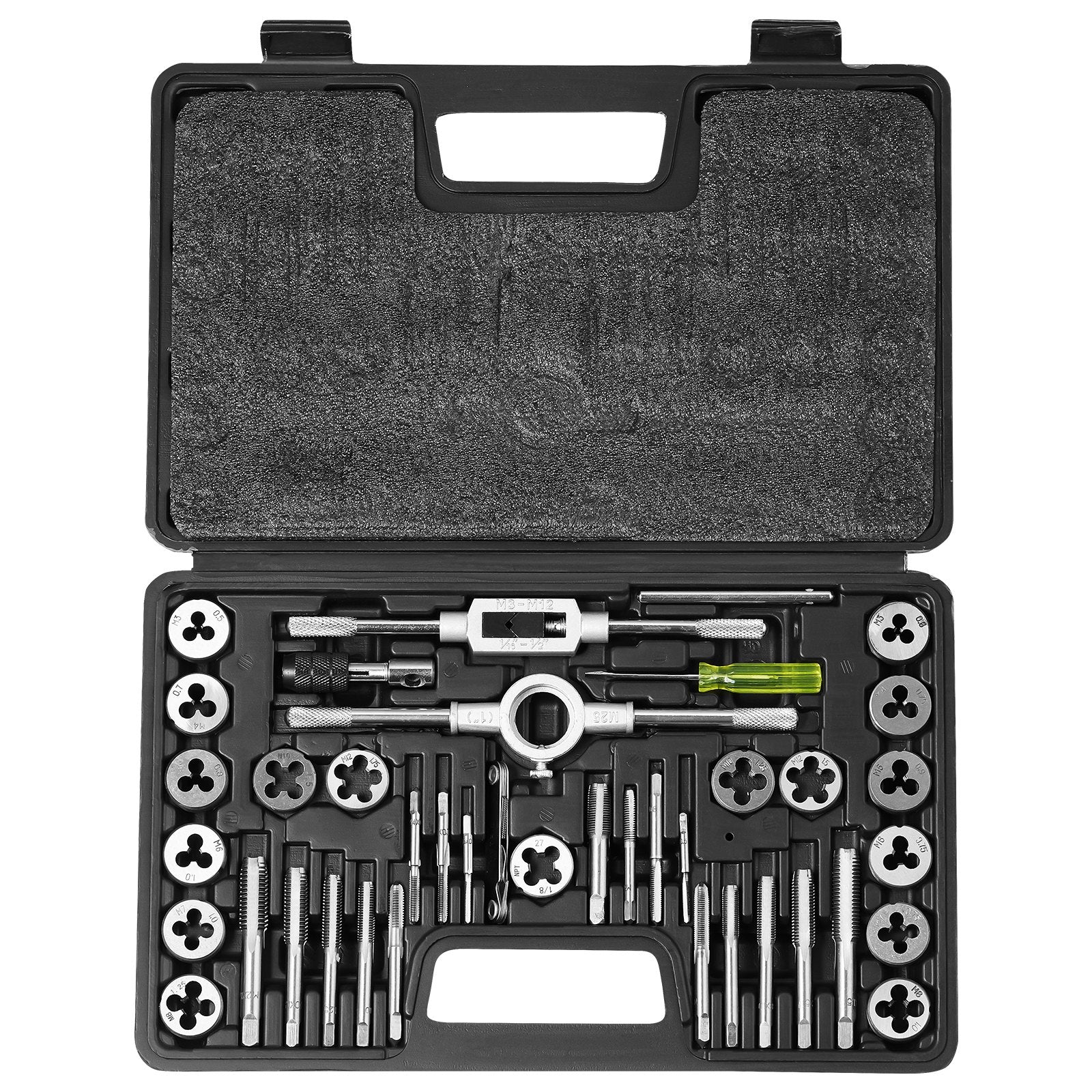Comprehensive 40-Piece Tap and Die Kit - Metric M3 to M12, Durable Bearing Steel Tools for Precision Threading, Complete with Accessories & PE Plastic Storage Case