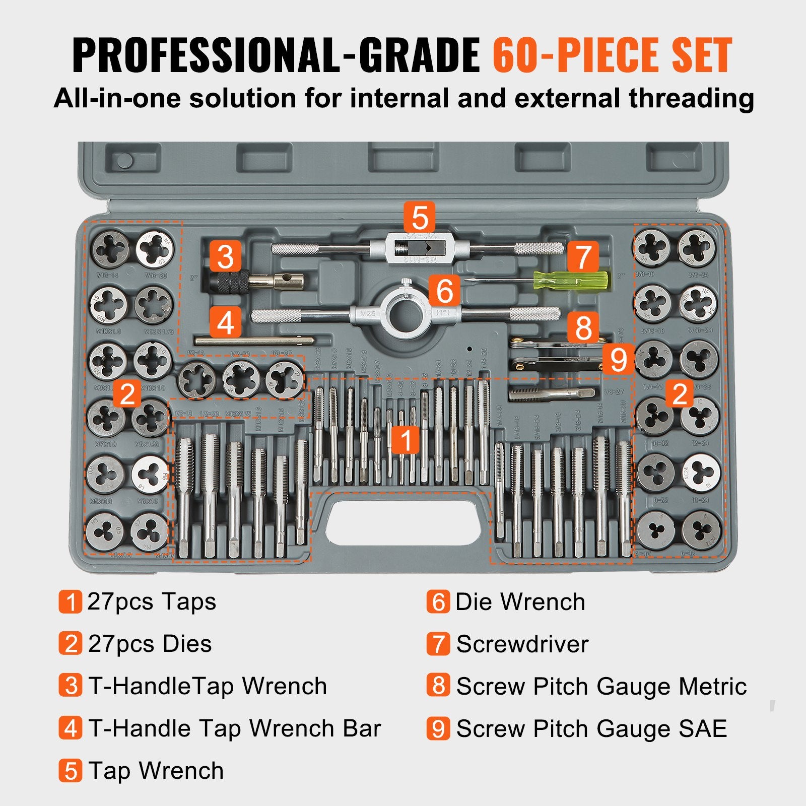 60-Piece Tap and Die Set with Bearing Steel Taps and Dies, Metric & SAE Standard, Complete Threading Tool Kit with Accessories and Storage Case