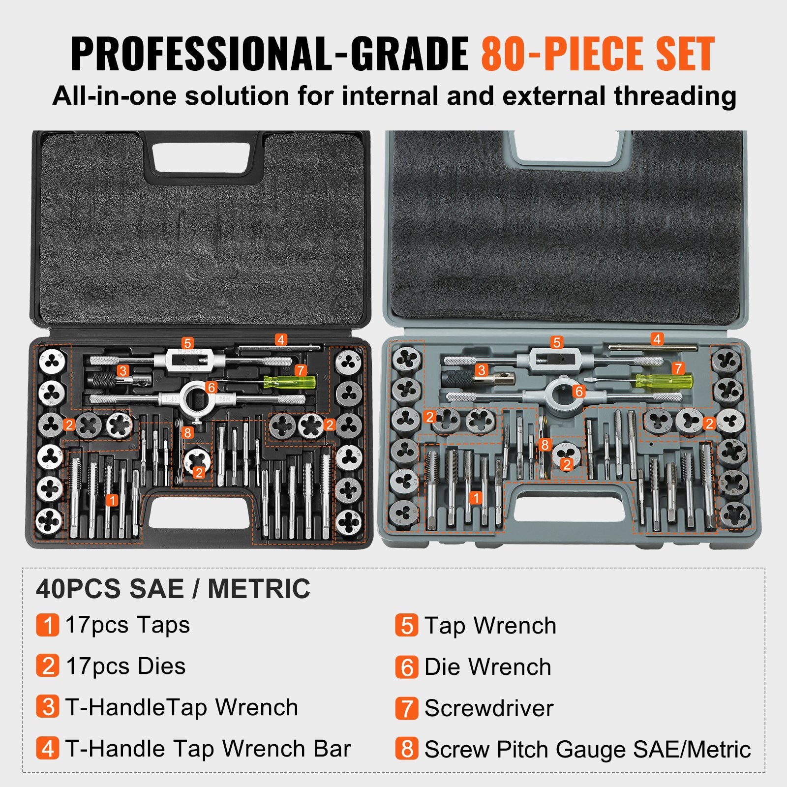 80-Piece Tap and Die Set with Bearing Steel Taps, SAE & Metric Threading Tools, Portable Storage Case, Durable Zinc Alloy, HRC55-62 Hardness