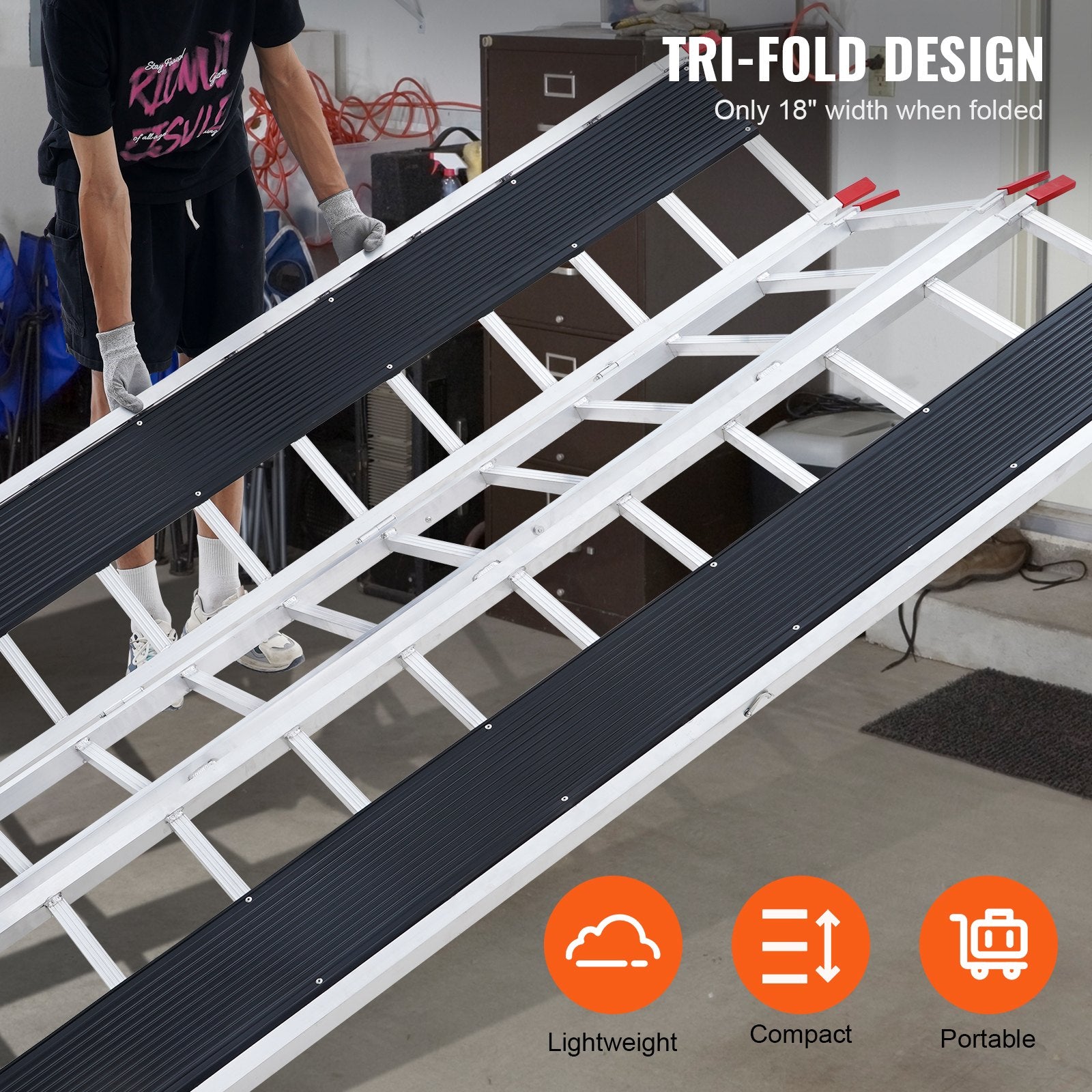 Compact Tri-Fold Aluminum Loading Ramp, 85x54 in, 1500 Lbs Capacity, Non-Slip for ATVs, Snowmobiles, Tractors, Lawn Mowers, Motorcycles