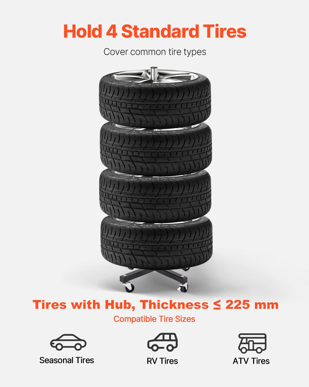 Mobile Heavy-Duty Tire Rack with Wheels for Garage - Steel Stand Holds 4 Tires with Rims, Up to 225mm Wide, 220LBS Capacity