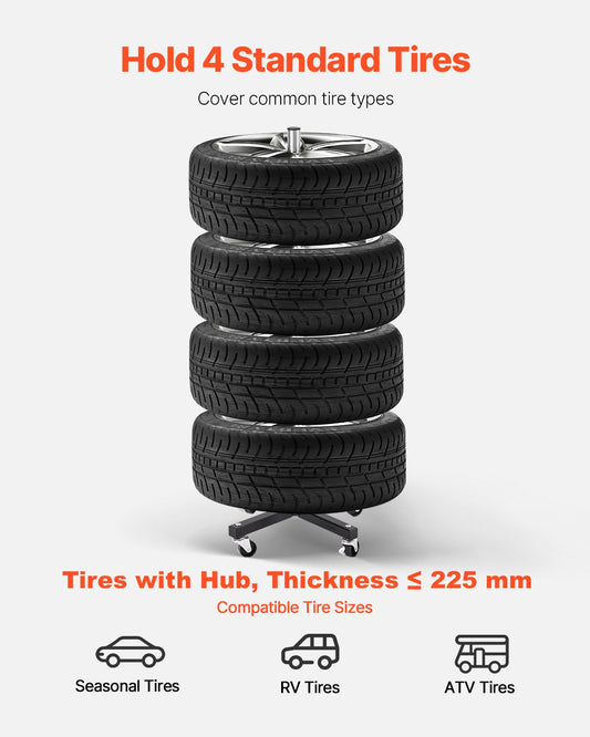 Mobile Heavy-Duty Tire Rack with Wheels for Garage - Steel Stand Holds 4 Tires with Rims, Up to 225mm Wide, 220LBS Capacity