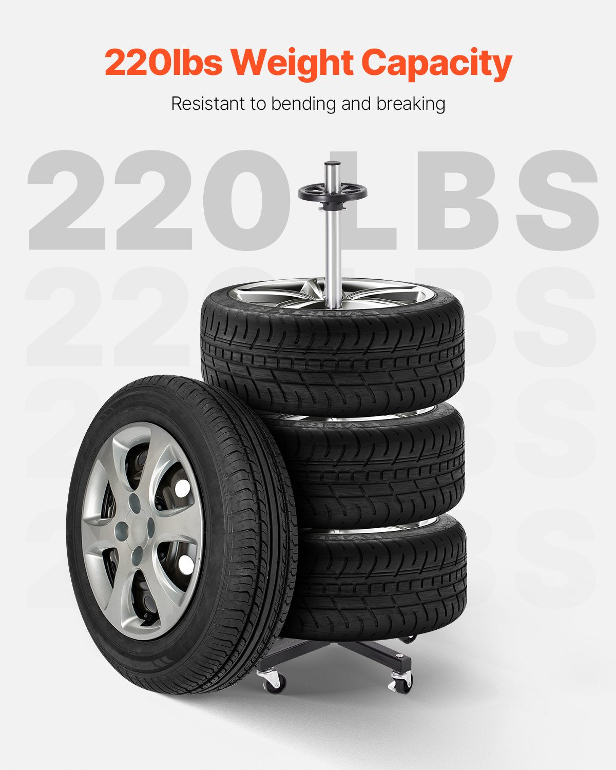 Mobile Heavy-Duty Tire Rack with Wheels for Garage - Steel Stand Holds 4 Tires with Rims, Up to 225mm Wide, 220LBS Capacity