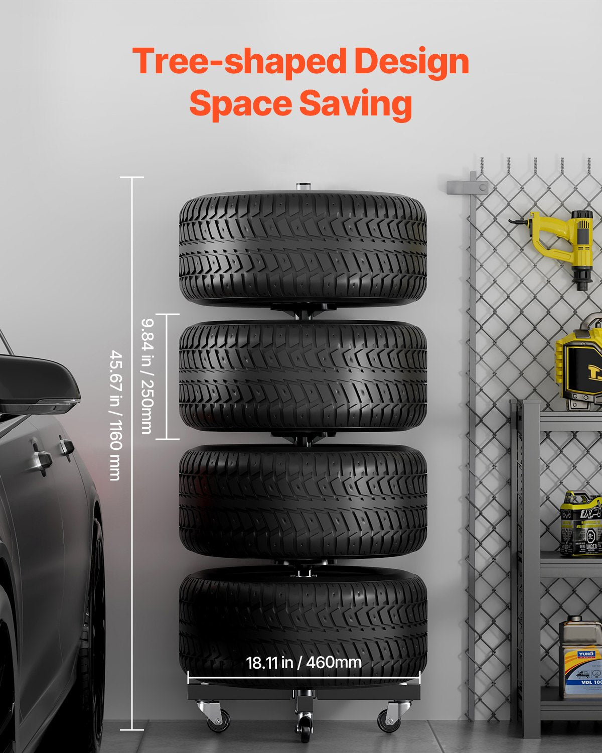 Mobile Heavy-Duty Tire Rack with Wheels for Garage - Steel Stand Holds 4 Tires with Rims, Up to 225mm Wide, 220LBS Capacity