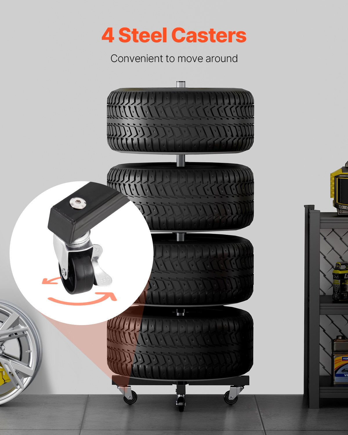 Mobile Heavy-Duty Tire Rack with Wheels for Garage - Steel Stand Holds 4 Tires with Rims, Up to 225mm Wide, 220LBS Capacity
