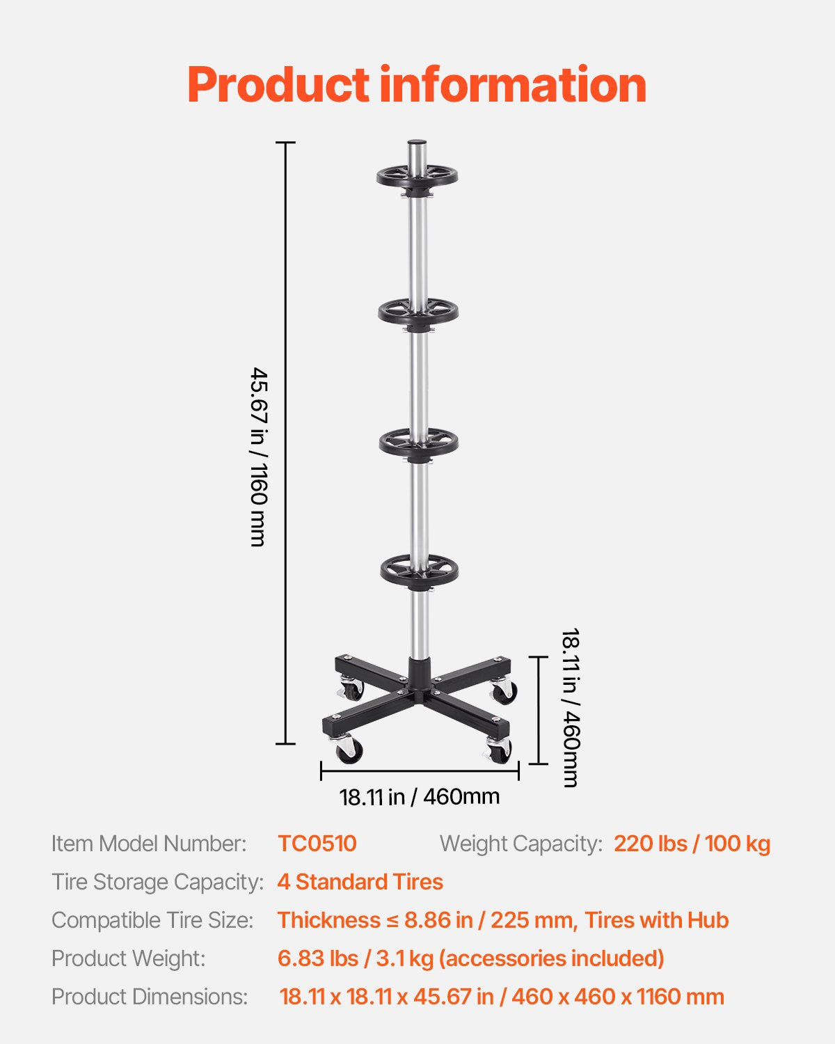 Mobile Heavy-Duty Tire Rack with Wheels for Garage - Steel Stand Holds 4 Tires with Rims, Up to 225mm Wide, 220LBS Capacity
