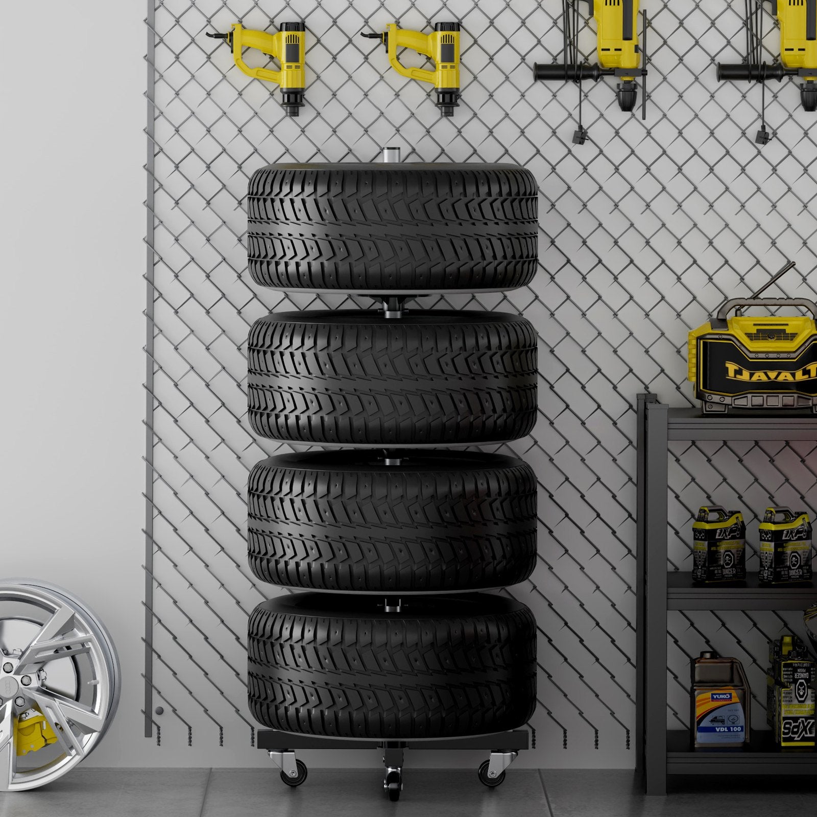 Mobile Heavy-Duty Tire Rack with Wheels for Garage - Steel Stand Holds 4 Tires with Rims, Up to 225mm Wide, 220LBS Capacity