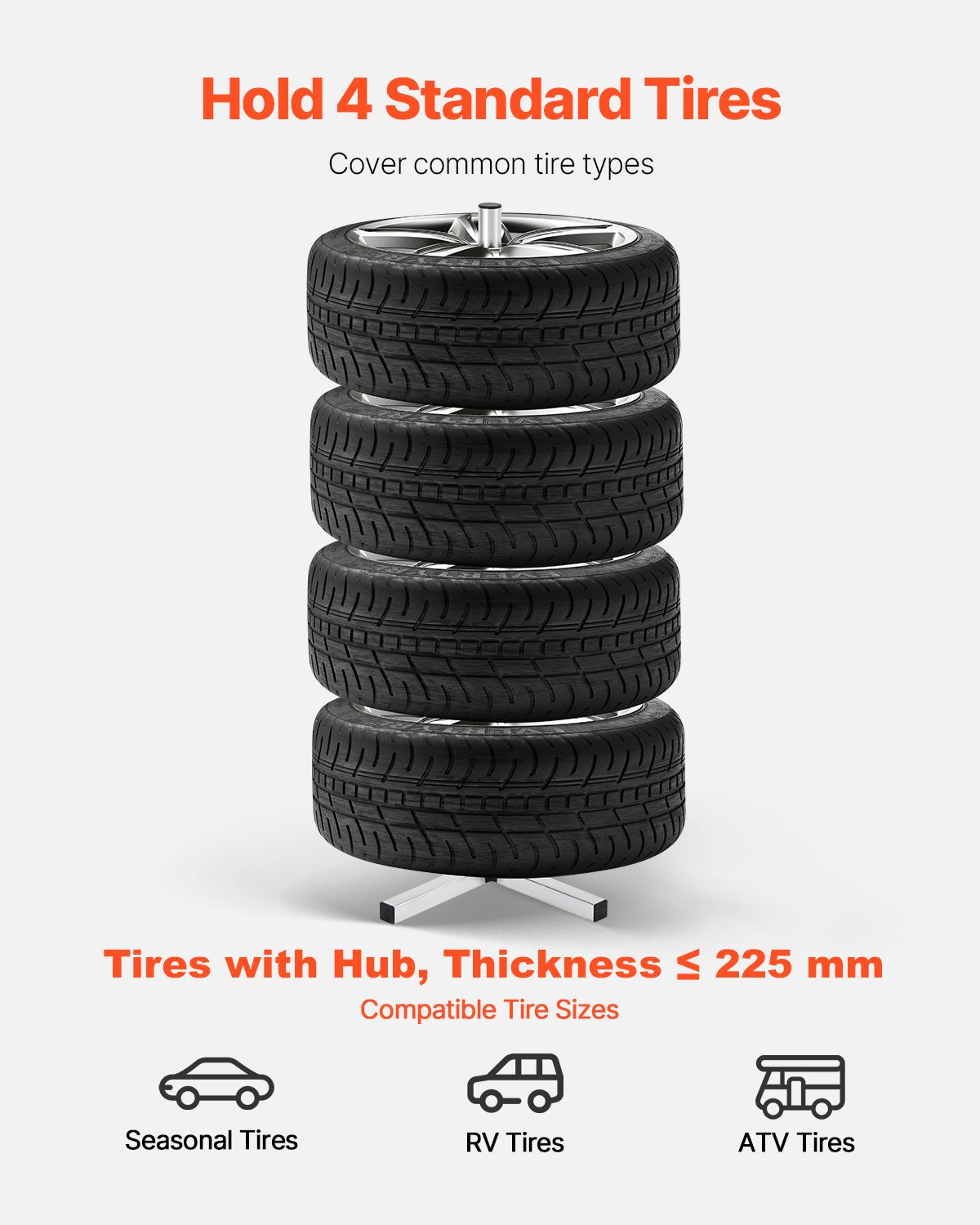 Heavy-Duty Tire Tree Stand for 4 Tires with Rims, Space-Saving Storage Rack for Garage, Holds Tires up to 225mm Wide, 220 lbs Capacity