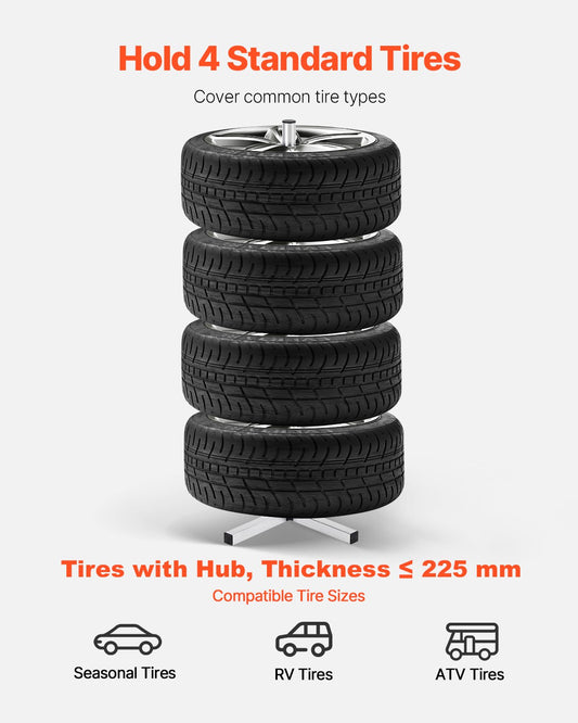 Heavy-Duty Tire Tree Stand for 4 Tires with Rims, Space-Saving Storage Rack for Garage, Holds Tires up to 225mm Wide, 220 lbs Capacity