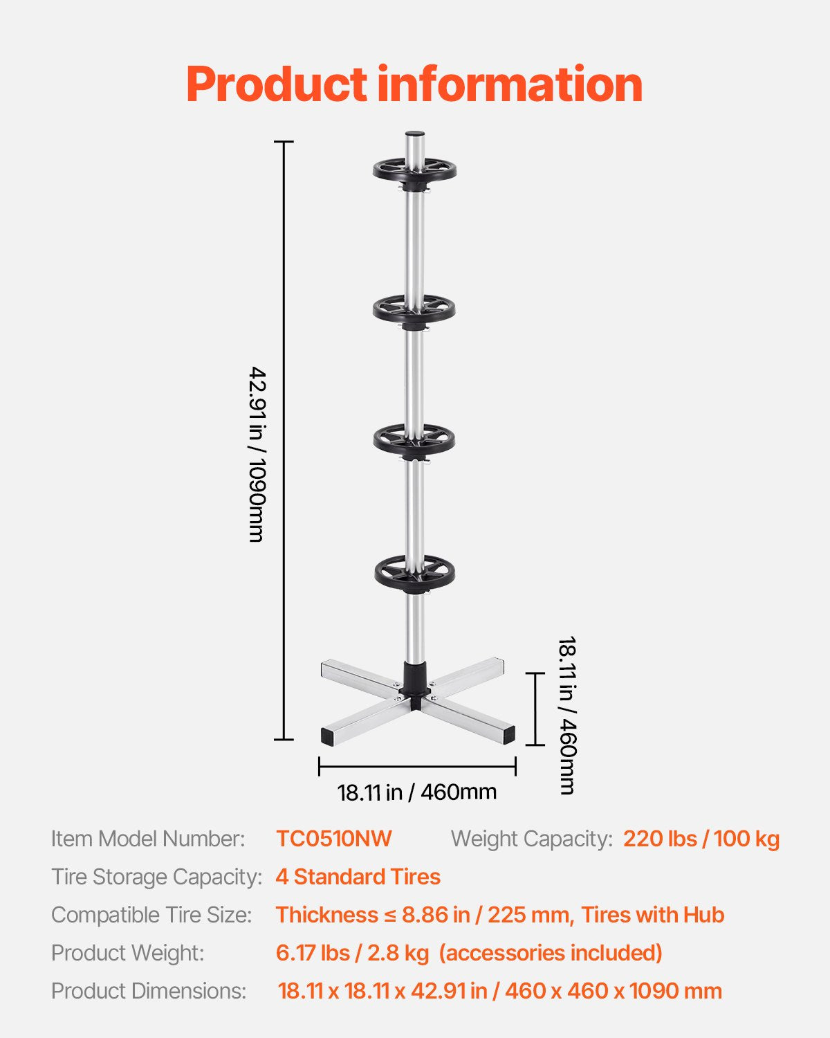 Heavy-Duty Tire Tree Stand for 4 Tires with Rims, Space-Saving Storage Rack for Garage, Holds Tires up to 225mm Wide, 220 lbs Capacity