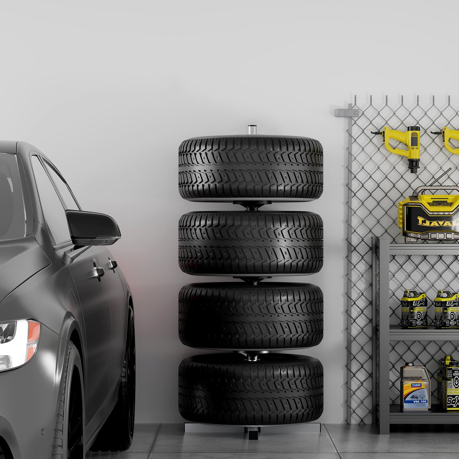 Heavy-Duty Tire Tree Stand for 4 Tires with Rims, Space-Saving Storage Rack for Garage, Holds Tires up to 225mm Wide, 220 lbs Capacity