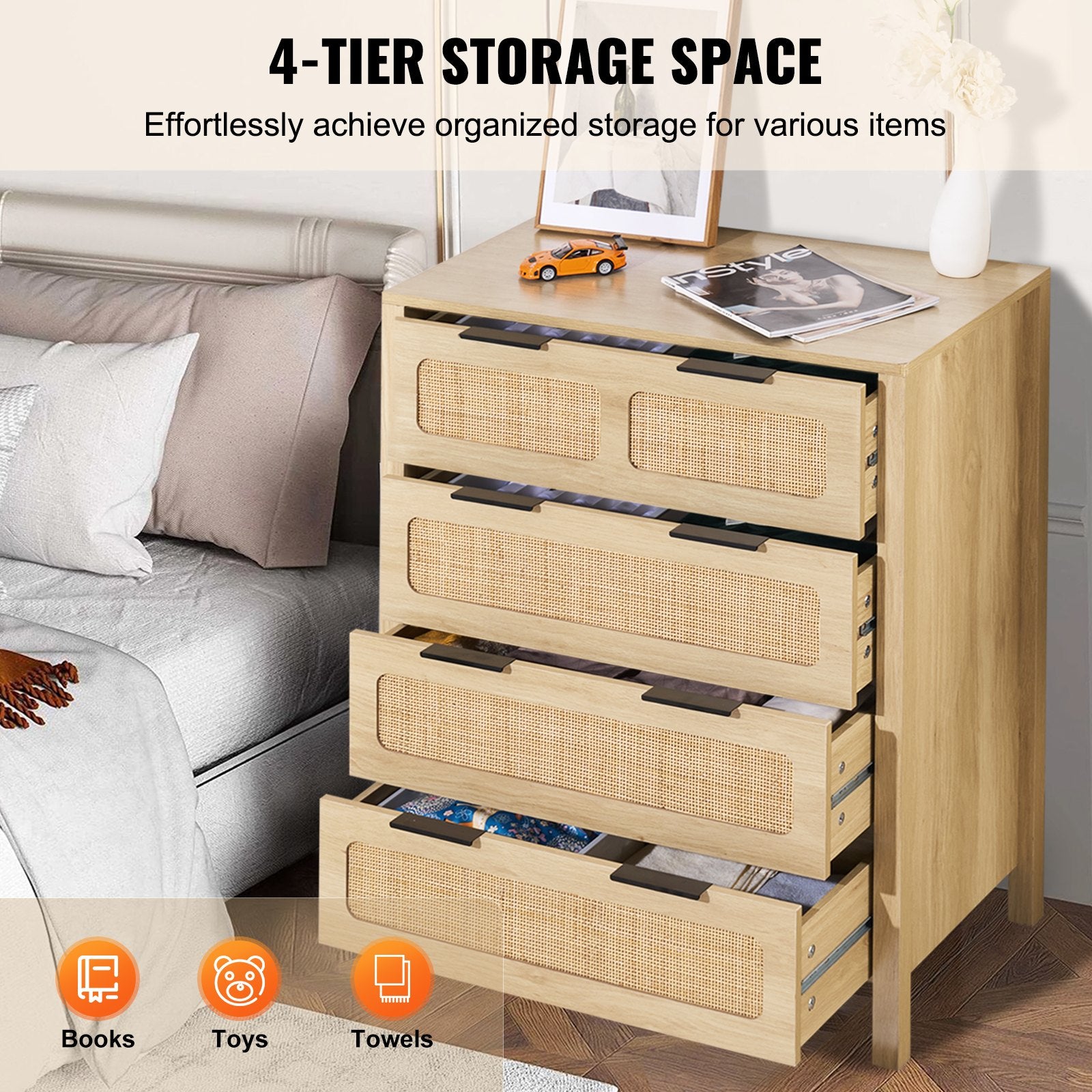 4-Drawer Boho Rattan Dresser with Ample Storage, Natural Wood Finish, Sturdy Handles & Legs for Bedroom, Living Room & Hallway