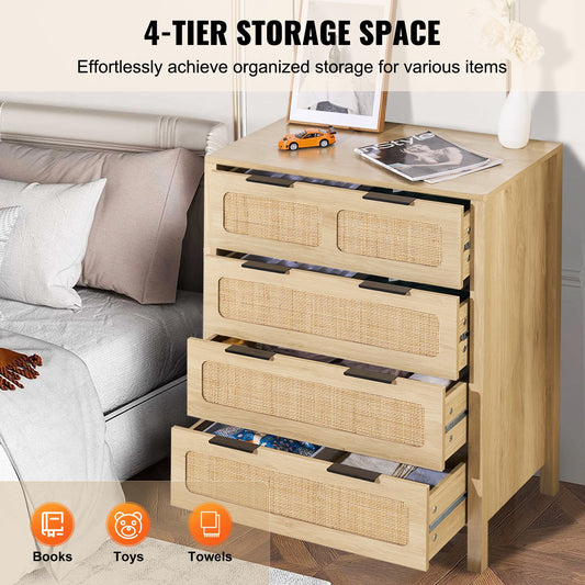 4-Drawer Boho Rattan Dresser with Ample Storage, Natural Wood Finish, Sturdy Handles & Legs for Bedroom, Living Room & Hallway