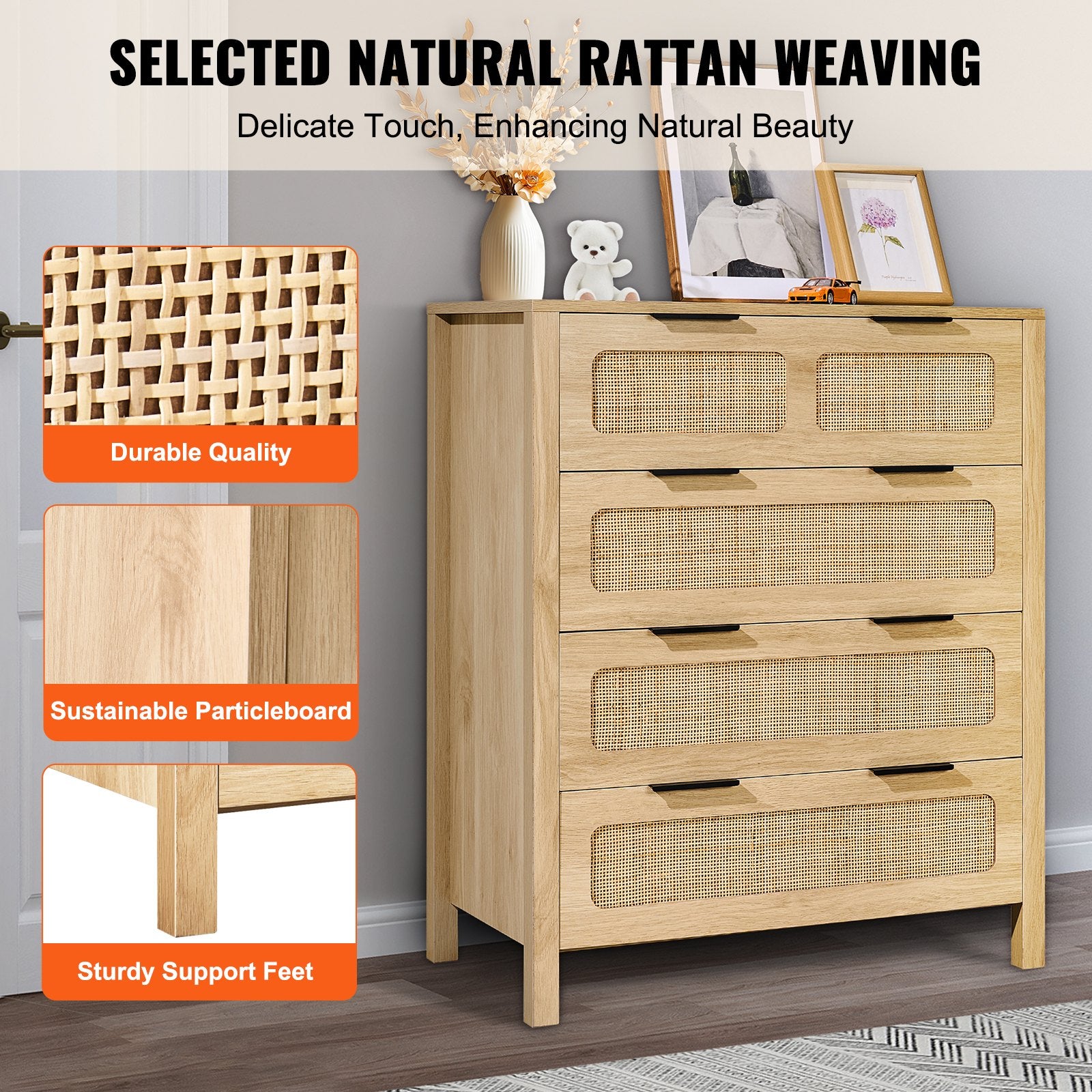 4-Drawer Boho Rattan Dresser with Ample Storage, Natural Wood Finish, Sturdy Handles & Legs for Bedroom, Living Room & Hallway