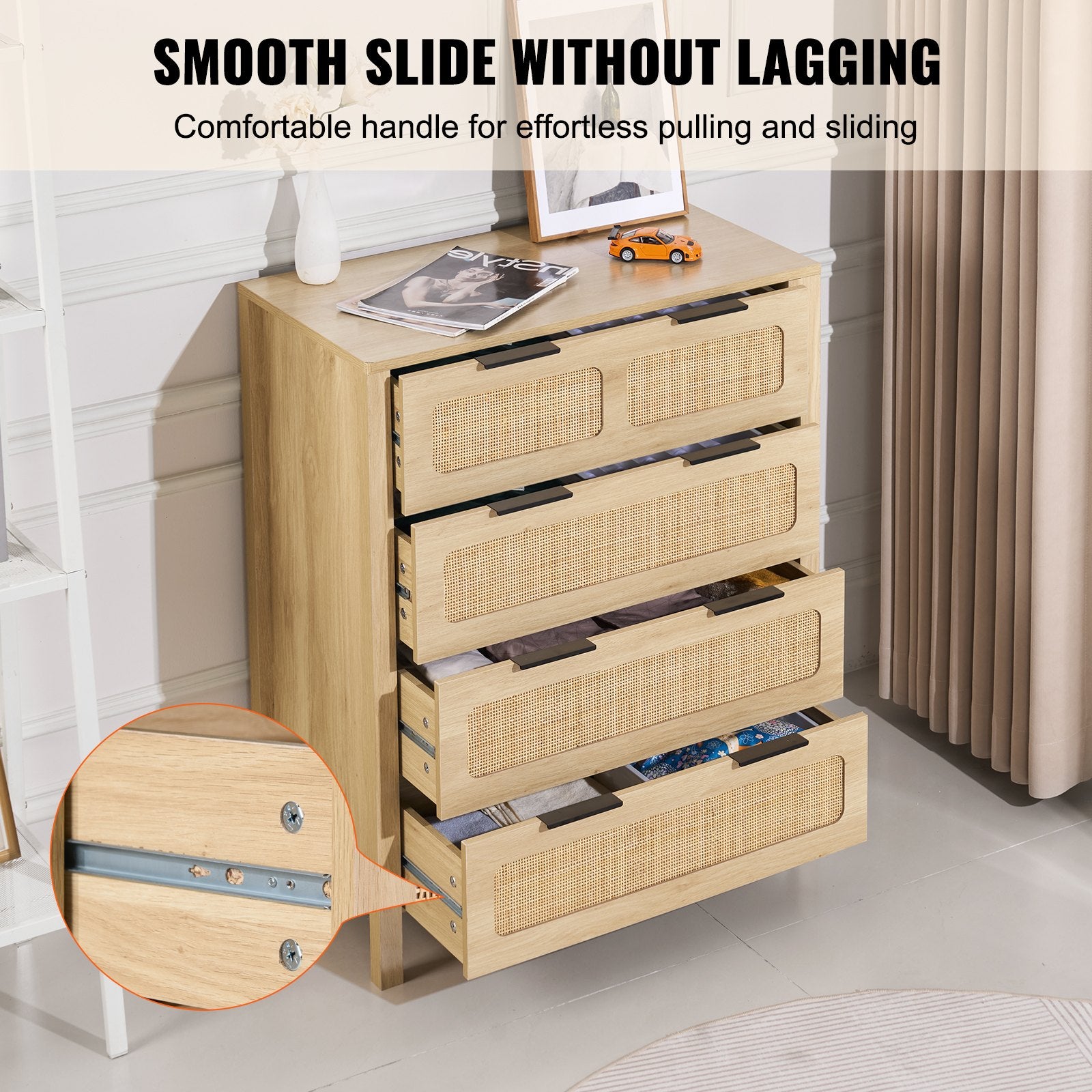 4-Drawer Boho Rattan Dresser with Ample Storage, Natural Wood Finish, Sturdy Handles & Legs for Bedroom, Living Room & Hallway