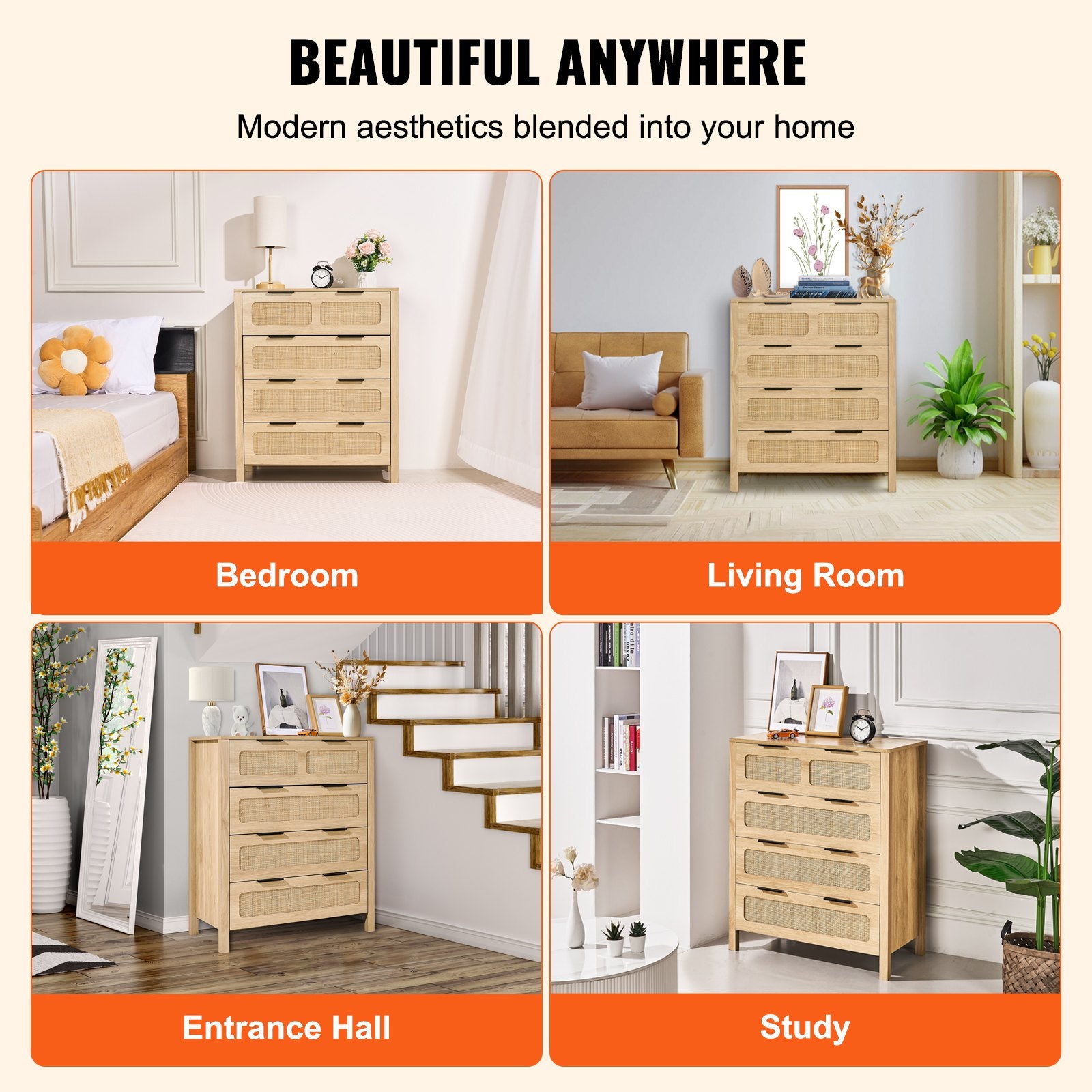 4-Drawer Boho Rattan Dresser with Ample Storage, Natural Wood Finish, Sturdy Handles & Legs for Bedroom, Living Room & Hallway
