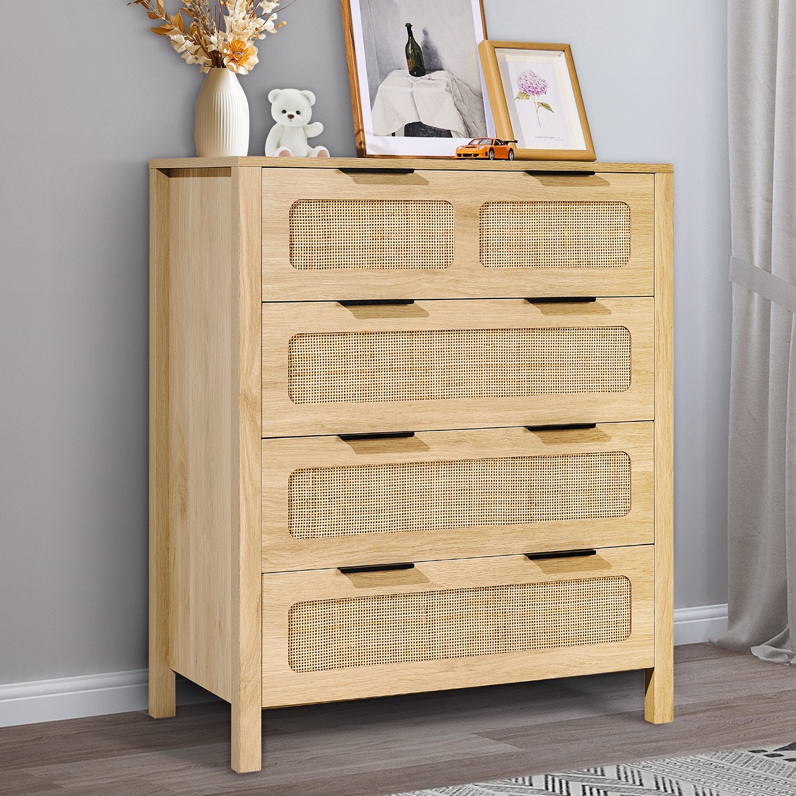4-Drawer Boho Rattan Dresser with Ample Storage, Natural Wood Finish, Sturdy Handles & Legs for Bedroom, Living Room & Hallway