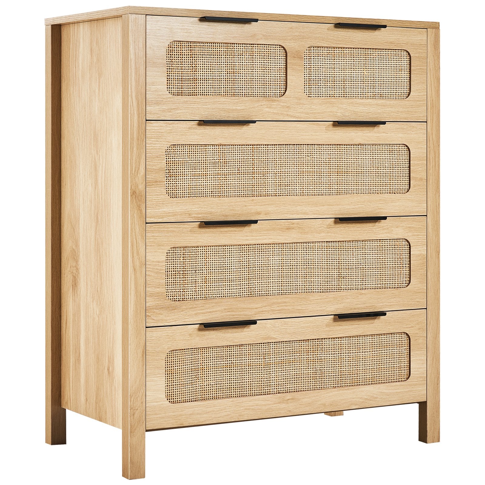 4-Drawer Boho Rattan Dresser with Ample Storage, Natural Wood Finish, Sturdy Handles & Legs for Bedroom, Living Room & Hallway