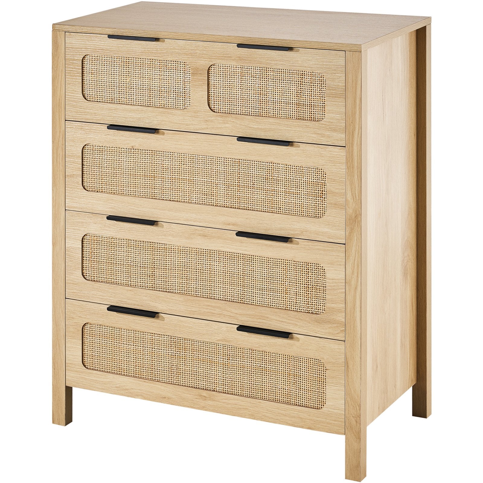 4-Drawer Boho Rattan Dresser with Ample Storage, Natural Wood Finish, Sturdy Handles & Legs for Bedroom, Living Room & Hallway