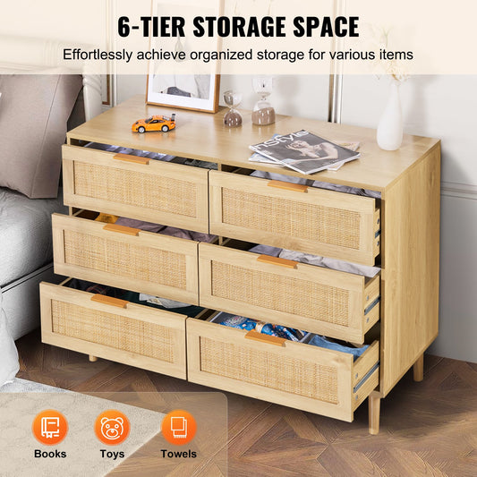 Spacious 6-Drawer Boho Rattan Dresser, Natural Chest for Bedroom & Living Room, Sturdy Handles & Legs, Ample Storage, Brown