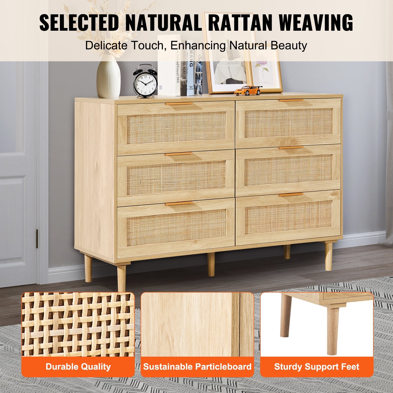 Spacious 6-Drawer Boho Rattan Dresser, Natural Chest for Bedroom & Living Room, Sturdy Handles & Legs, Ample Storage, Brown