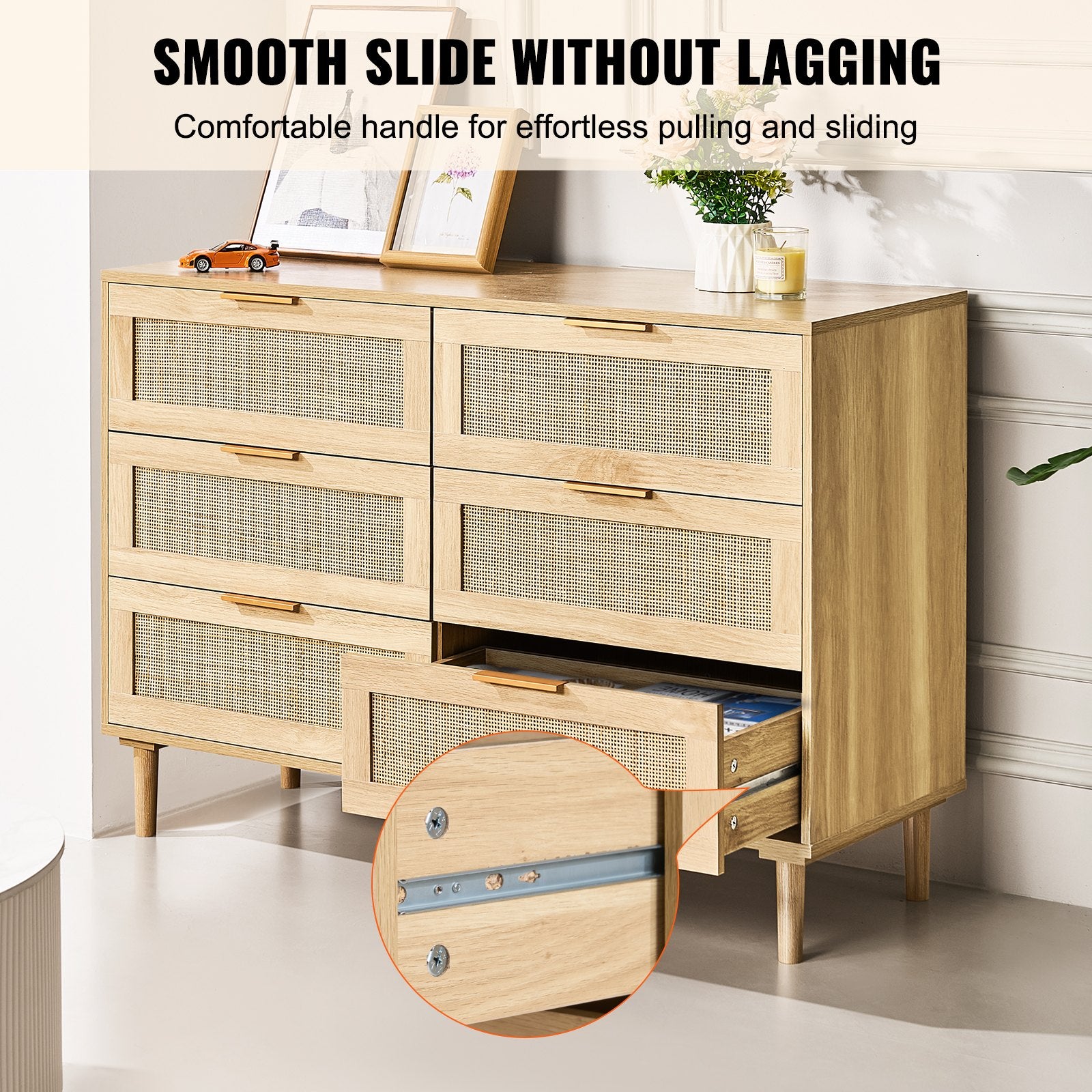 Spacious 6-Drawer Boho Rattan Dresser, Natural Chest for Bedroom & Living Room, Sturdy Handles & Legs, Ample Storage, Brown