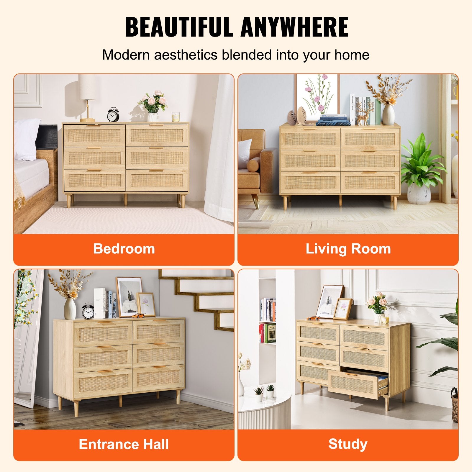 Spacious 6-Drawer Boho Rattan Dresser, Natural Chest for Bedroom & Living Room, Sturdy Handles & Legs, Ample Storage, Brown