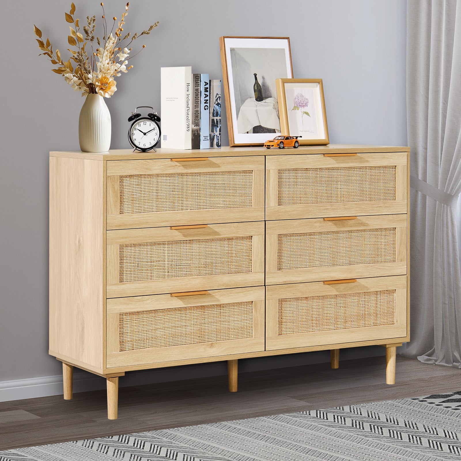 Spacious 6-Drawer Boho Rattan Dresser, Natural Chest for Bedroom & Living Room, Sturdy Handles & Legs, Ample Storage, Brown