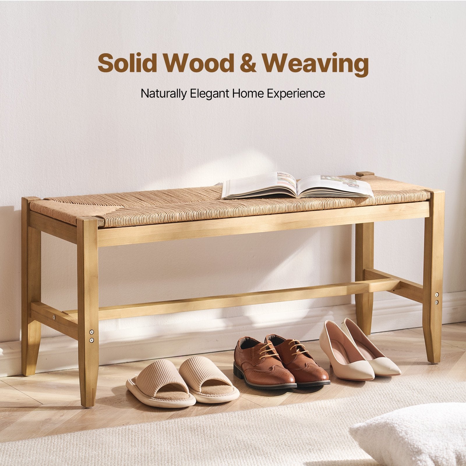 Boho Rattan Bench, 40" Wooden Entryway Seat with Oak Legs, Handwoven Paper Rope for Bedroom, Living Room, Kitchen, Natural Wood Finish