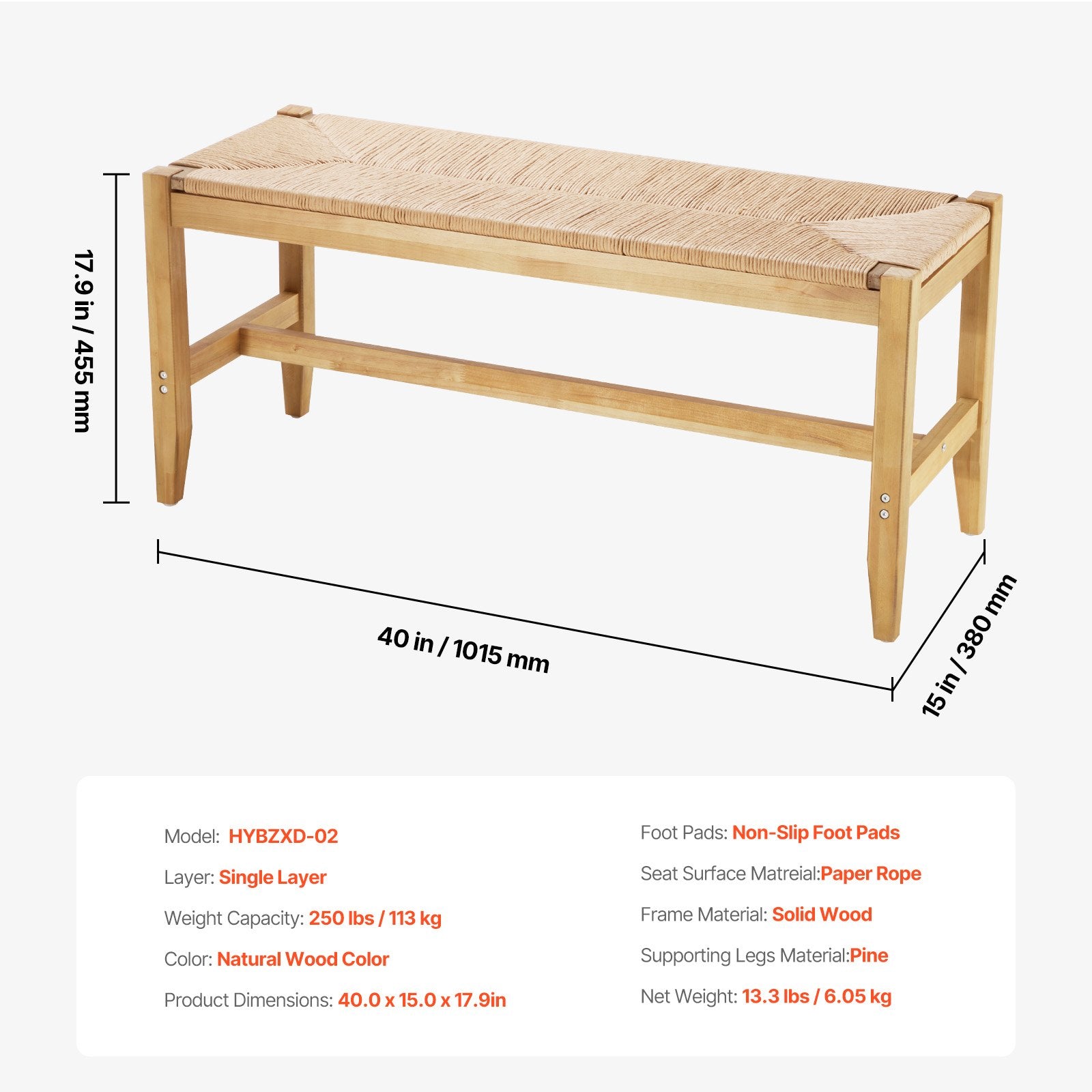 Boho Rattan Bench, 40" Wooden Entryway Seat with Oak Legs, Handwoven Paper Rope for Bedroom, Living Room, Kitchen, Natural Wood Finish