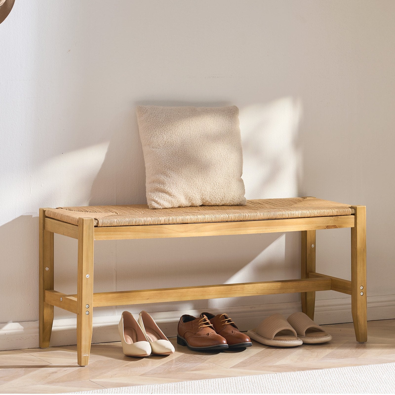 Boho Rattan Bench, 40" Wooden Entryway Seat with Oak Legs, Handwoven Paper Rope for Bedroom, Living Room, Kitchen, Natural Wood Finish