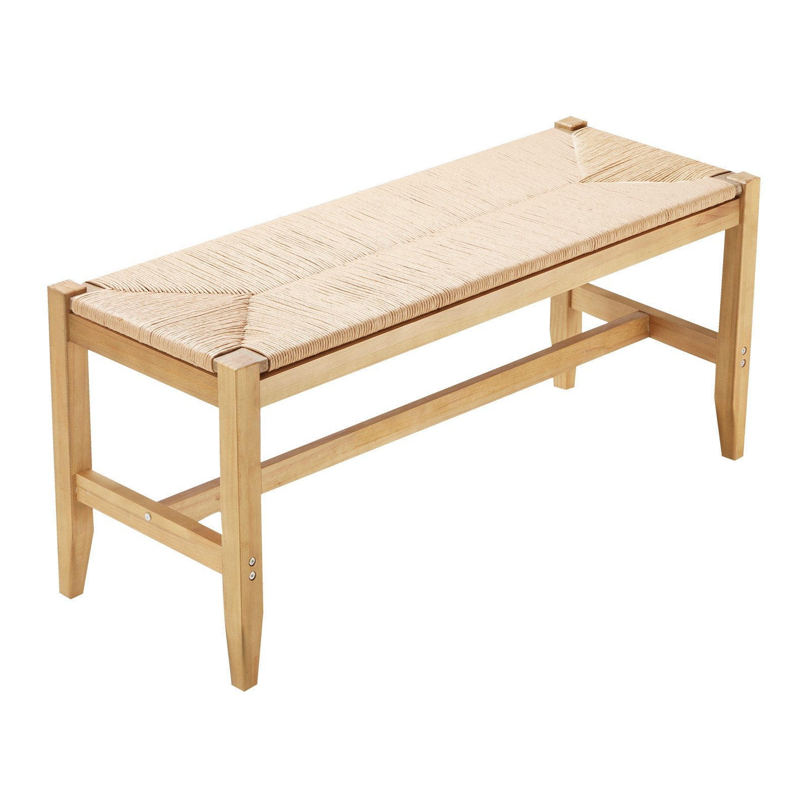 Boho Rattan Bench, 40" Wooden Entryway Seat with Oak Legs, Handwoven Paper Rope for Bedroom, Living Room, Kitchen, Natural Wood Finish