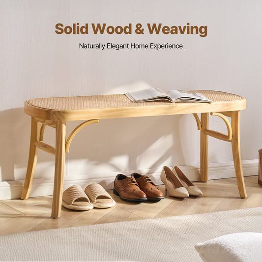 Spacious 43.3" Rattan Boho Bench with Durable Oak Wood Legs, Handwoven Seat for Bedroom, Entryway, Living Room, or Kitchen Decor